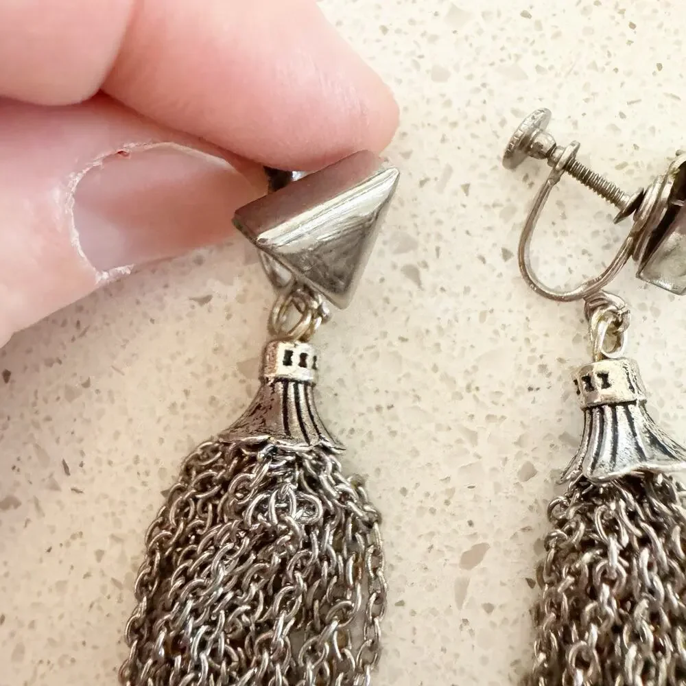 Vintage‎ Silver Tone Chain Tassel Screw On Earrings